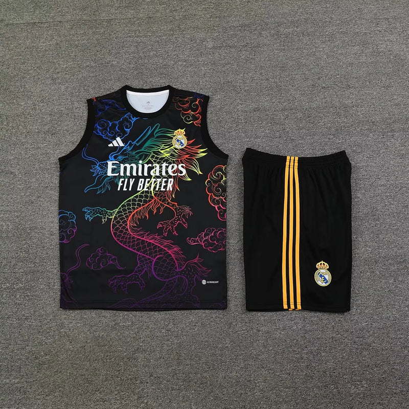 2024/2025 Real Madrid Pre-match Training Wear Black Dragon Jersey+Shorts 1:1 Thai Quality