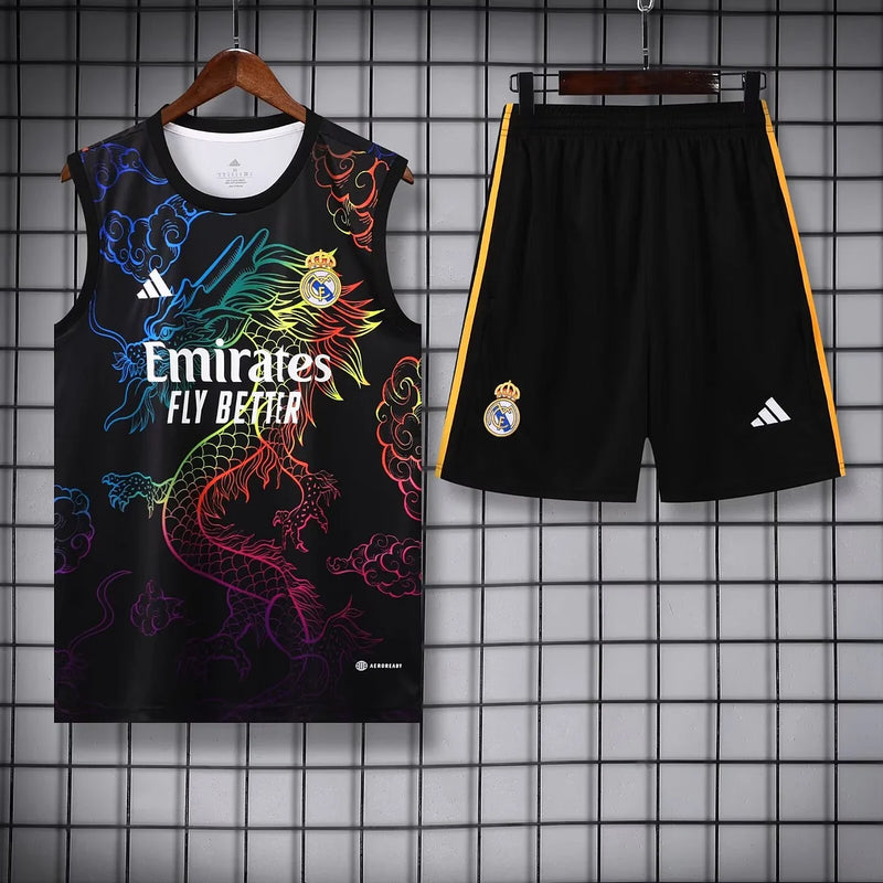 2024/2025 Real Madrid Pre-match Training Wear Black Dragon Jersey+Shorts 1:1 Thai Quality